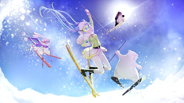 Anime picture 1920x1080 with vocaloid hatsune miku orry long hair highres open mouth wide image twintails holding blue hair bent knee (knees) sunlight hair bun (hair buns) happy winter snow mountain flying jumping playing sports