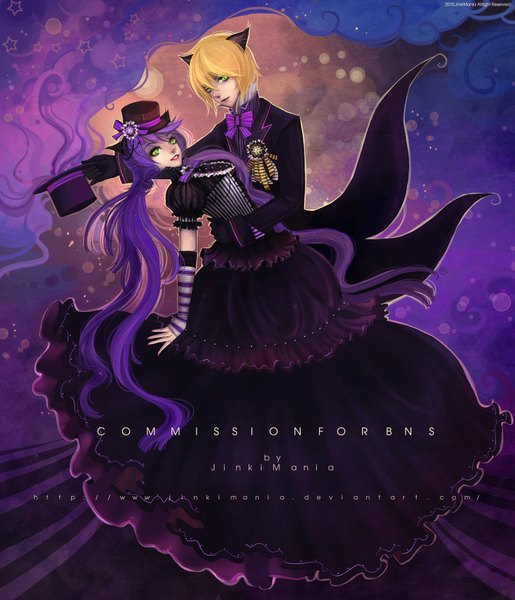 Anime picture 1507x1754 with original jinkimania (artist) long hair tall image looking at viewer short hair blonde hair smile twintails holding green eyes animal ears purple hair nail polish cat ears couple hug striped purple background girl