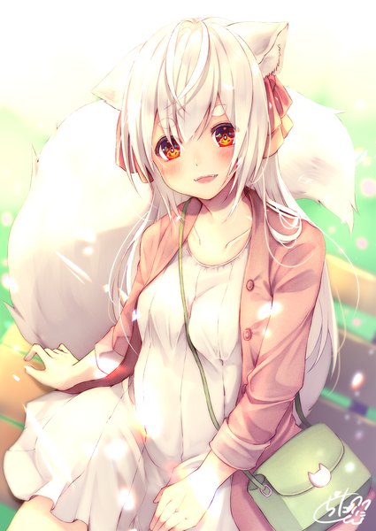 Anime picture 1417x2000 with original chita (ketchup) single long hair tall image looking at viewer fringe open mouth smile hair between eyes red eyes sitting signed animal ears payot outdoors white hair tail animal tail from above