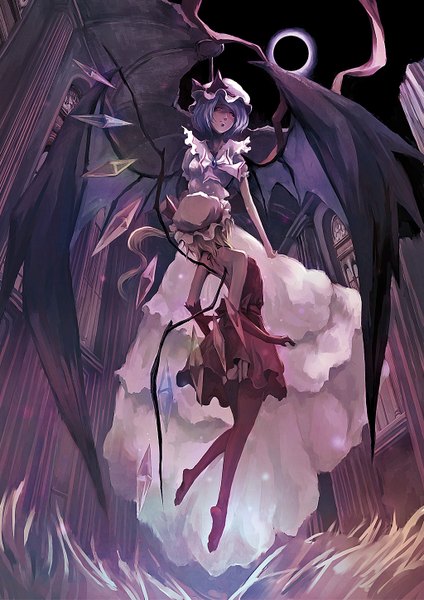Anime picture 1024x1448 with touhou flandre scarlet remilia scarlet crowdesu tall image short hair blonde hair red eyes bare shoulders purple hair barefoot back bat wings eclipse girl dress gloves wings elbow gloves bonnet