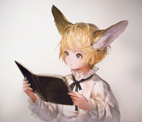 Anime picture 1000x859 with original wadanaka single short hair blue eyes simple background blonde hair holding animal ears looking away upper body parted lips :o gradient background messy hair androgynous reading girl shirt frills