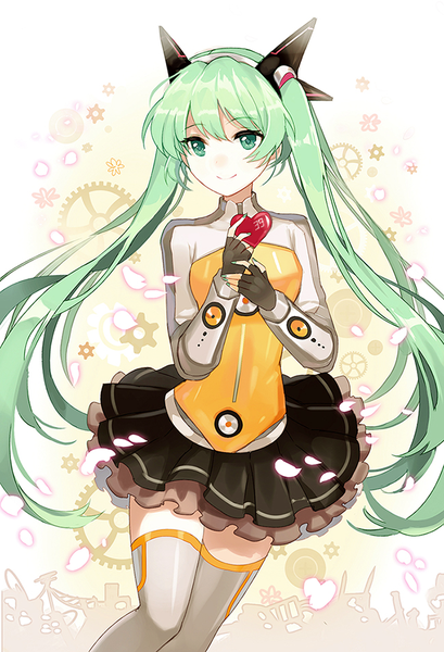 Anime picture 650x953 with vocaloid odds & ends (vocaloid) hatsune miku apring single long hair tall image fringe smile hair between eyes twintails green eyes looking away nail polish green hair aqua nail polish 39 girl thighhighs gloves