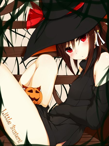Anime picture 800x1067 with little busters! key (studio) natsume rin ratsuku kinoko single long hair tall image looking at viewer blush light erotic red eyes brown hair copyright name halloween girl dress gloves elbow gloves witch hat