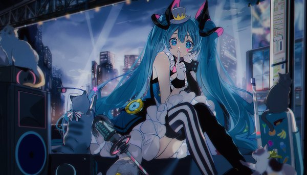 Anime picture 1400x800 with vocaloid magical mirai (vocaloid) hatsune miku magical mirai miku magical mirai miku (2019) kanose single looking at viewer fringe hair between eyes wide image sitting twintails very long hair aqua eyes aqua hair city finger to mouth head rest different thighhighs