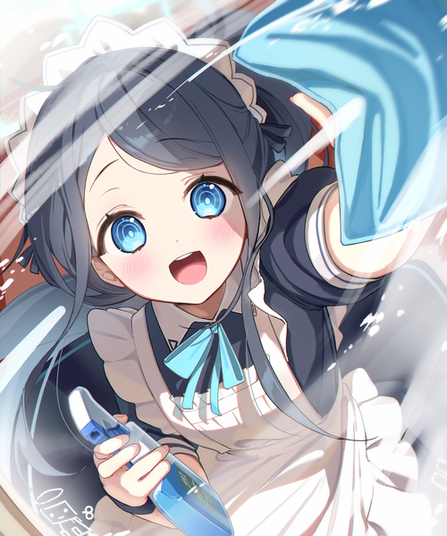 Anime picture 2800x3360 with blue archive aris (blue archive) aris (maid) (blue archive) iop5509 single long hair tall image looking at viewer blush highres open mouth blue eyes black hair ponytail :d from above maid official alternate costume cleaning girl