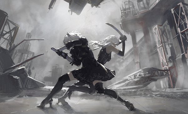 Anime picture 1777x1080 with nier nier:automata yorha no. 2 type b yorha type a no. 2 dino (dinoartforame) long hair highres short hair wide image multiple girls holding full body white hair high heels battle girl dress weapon 2 girls sword