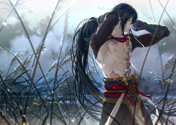 Anime picture 1200x853 with fate (series) fate/grand order yan qing (fate) rrr (reason) single fringe black hair hair between eyes holding upper body outdoors very long hair profile tattoo mouth hold dated topless expressionless ribbon in mouth boy