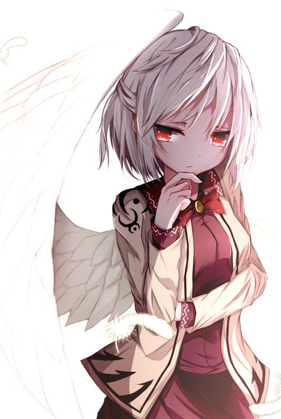 Anime picture 806x1200 with touhou legacy of lunatic kingdom kishin sagume nankotsu single tall image short hair simple background red eyes white background looking away silver hair half updo single wing girl wings feather (feathers)