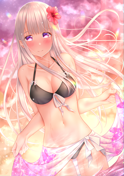 Anime picture 1407x2000 with original naginagiwaffle single long hair tall image looking at viewer blush fringe breasts light erotic smile holding payot sky silver hair cloud (clouds) outdoors blunt bangs head tilt pink eyes