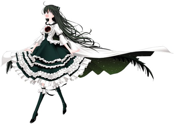 Anime picture 1280x914 with touhou reiuji utsuho shachiku (artist) long hair black hair white background starry sky print girl dress bow