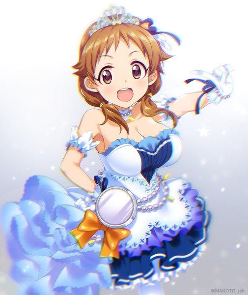 Anime picture 800x950 with idolmaster idolmaster cinderella girls idolmaster cinderella girls starlight stage katagiri sanae mizuki makoto single long hair tall image looking at viewer blush breasts open mouth brown hair brown eyes cleavage starry sky bright girl dress gloves ribbon (ribbons)