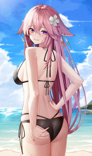 Anime picture 2367x4000 with genshin impact yae miko hsxxx single long hair tall image looking at viewer blush fringe highres breasts light erotic hair between eyes large breasts standing purple eyes animal ears pink hair sky cloud (clouds)