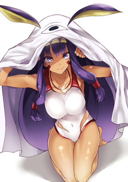 Anime picture 1447x2047 with fate (series) fate/grand order nitocris (fate) medjed nitocris (swimsuit assassin) (fate) yunekoko single long hair tall image fringe breasts light erotic simple background smile white background sitting purple eyes animal ears purple hair from above