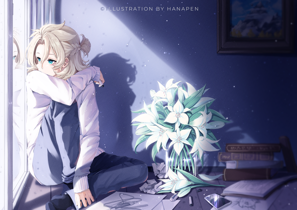 Anime picture 2105x1488 with genshin impact albedo (genshin impact) hanapen single highres short hair blue eyes blonde hair sitting signed looking away indoors shadow half updo boy flower (flowers) book (books) sweater lily (flower) vase