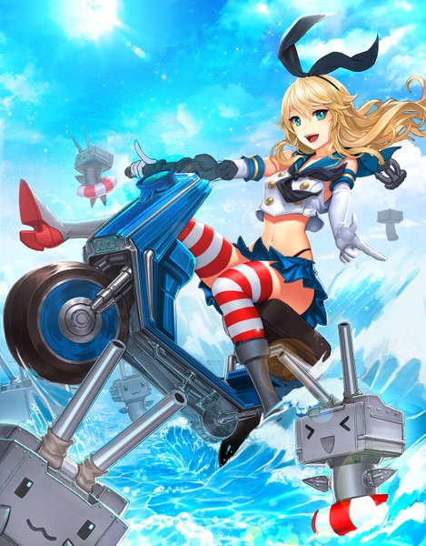 Anime picture 2500x3197 with kantai collection shimakaze destroyer rensouhou-chan ake (cherrylich) long hair tall image highres open mouth blue eyes blonde hair sky cloud (clouds) :3 > < girl thighhighs skirt gloves navel bow