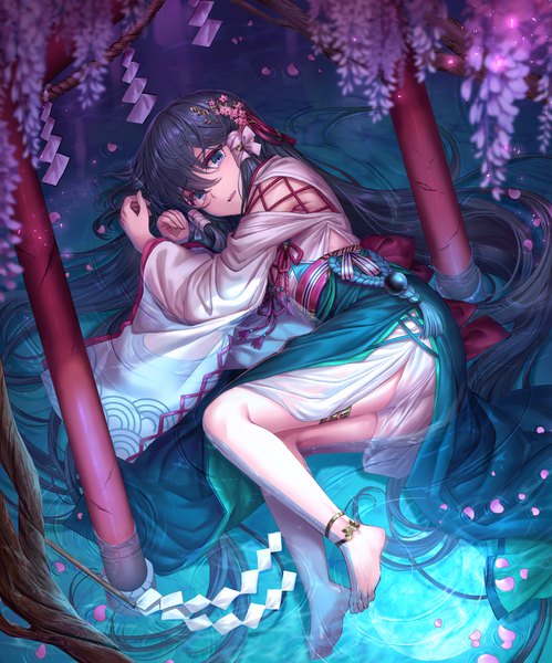 Anime picture 2404x2893 with original shichigatsu single tall image looking at viewer fringe highres open mouth blue eyes light erotic black hair hair between eyes full body bent knee (knees) outdoors lying very long hair traditional clothes japanese clothes barefoot