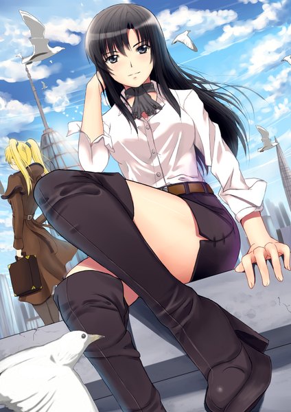 Anime picture 2480x3507 with original soyokaze long hair tall image highres black hair blonde hair sitting twintails multiple girls sky silver hair cloud (clouds) back silver eyes girl 2 girls animal shirt boots
