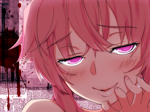 Anime picture 1600x1200 with mirai nikki gasai yuno single long hair blush open mouth purple eyes pink hair light smile close-up yandere yandere trance girl blood