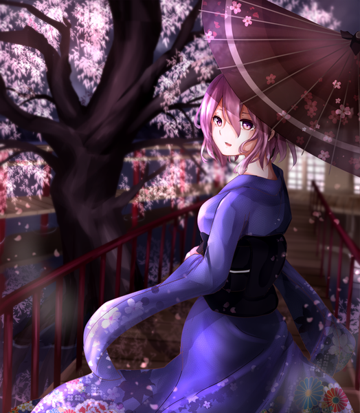 Anime picture 1200x1374 with touhou saigyouji yuyuko chikawa shibainu single tall image short hair holding pink hair long sleeves traditional clothes japanese clothes pink eyes blurry night wide sleeves night sky cherry blossoms floral print girl plant (plants)