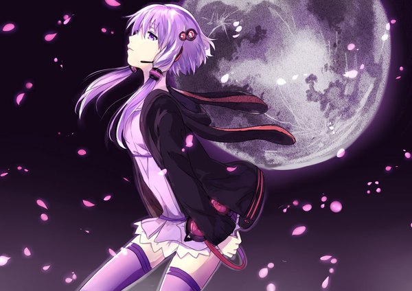 Anime picture 1000x708 with vocaloid yuzuki yukari ume (plumblossom) single long hair purple eyes twintails looking away purple hair profile low twintails girl thighhighs hair ornament petals hairclip moon hair tubes