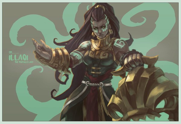 Anime picture 3602x2474 with league of legends illaoi (league of legends) monori rogue single long hair highres black hair simple background green eyes absurdres tattoo character names dark skin eyebrows girl armor clothes vambraces