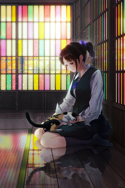 Anime picture 733x1100 with original mocha (cotton) single tall image smile brown hair sitting ponytail indoors no shoes reflection girl uniform school uniform animal shirt white shirt cat vest stained glass