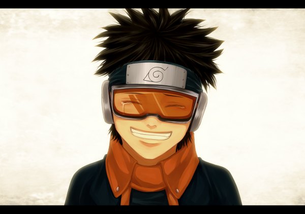Anime picture 1226x863 with naruto studio pierrot naruto (series) uchiha obito sawao (kenban2) single short hair black hair simple background smile white background eyes closed tears portrait face crying boy hairband goggles