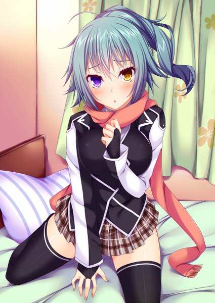 Anime picture 851x1200 with original suterii single long hair tall image looking at viewer blush open mouth blue hair heterochromia girl thighhighs skirt uniform black thighhighs school uniform miniskirt scarf bed