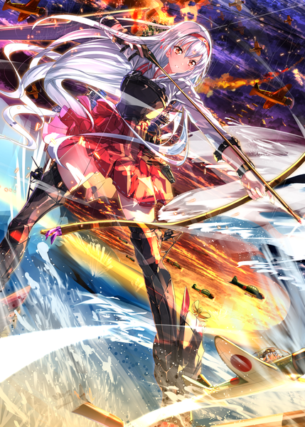 Anime picture 1001x1400 with kantai collection shoukaku aircraft carrier swordsouls single long hair tall image brown eyes white hair battle girl skirt weapon boots hairband sea thigh boots bow (weapon) aircraft airplane