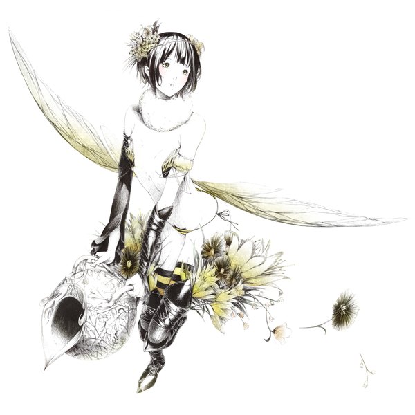 Anime picture 1200x1200 with original sousou (sousouworks) single blush short hair light erotic black hair white background bare shoulders hair flower monochrome insect wings girl thighhighs hair ornament underwear panties flower (flowers) detached sleeves shoes