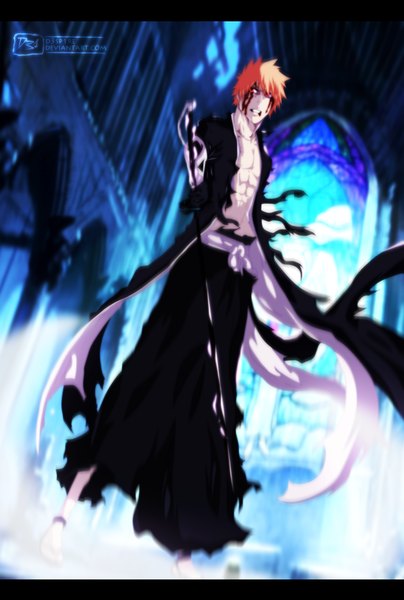 Anime picture 1062x1576 with bleach studio pierrot kurosaki ichigo schwarrtz single tall image short hair red eyes traditional clothes japanese clothes orange hair torn clothes coloring letterboxed smoke muscle boy weapon sword belt