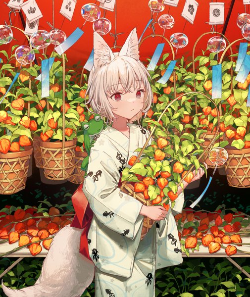 Anime picture 1261x1498 with original yutsumoe single tall image short hair red eyes holding animal ears white hair tail traditional clothes japanese clothes animal tail fox ears fox tail fox girl animal print fish print girl yukata