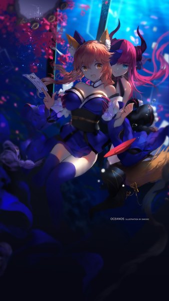 Anime picture 992x1760 with fate (series) fate/extra fate/extra ccc tamamo (fate) (all) tamamo no mae (fate) elizabeth bathory (fate) (all) elizabeth bathory (fate) swd3e2 long hair tall image breasts open mouth blue eyes multiple girls brown eyes animal ears red hair horn (horns) breast grab underwater