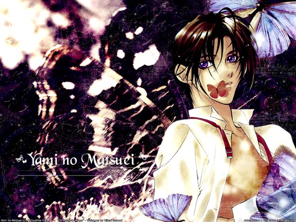 Anime picture 1280x960 with yami no matsuei j.c. staff asato tsuzuki single short hair brown hair purple eyes looking away open clothes open shirt dark background insect wings butterfly wings boy shirt wings insect butterfly