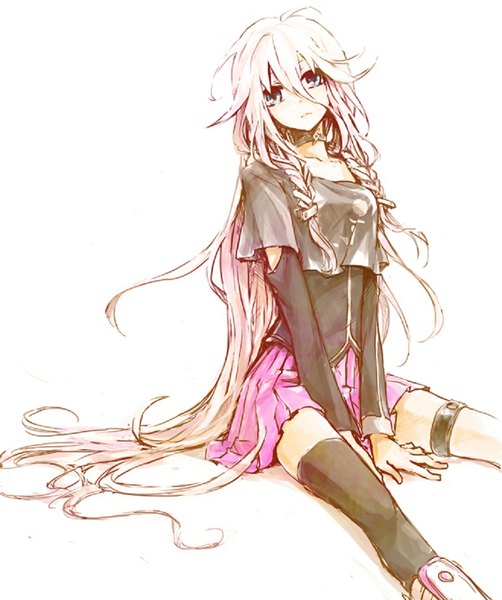Anime picture 1000x1194 with vocaloid ia (vocaloid) himetachibana single long hair tall image looking at viewer highres blue eyes simple background white background sitting braid (braids) twin braids girl skirt pink skirt