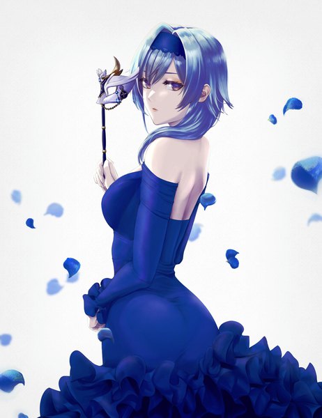 Anime picture 3000x3900 with genshin impact eula lawrence me ao (many blue leaves) single long hair tall image fringe highres breasts simple background hair between eyes large breasts standing bare shoulders holding brown eyes blue hair long sleeves parted lips alternate costume