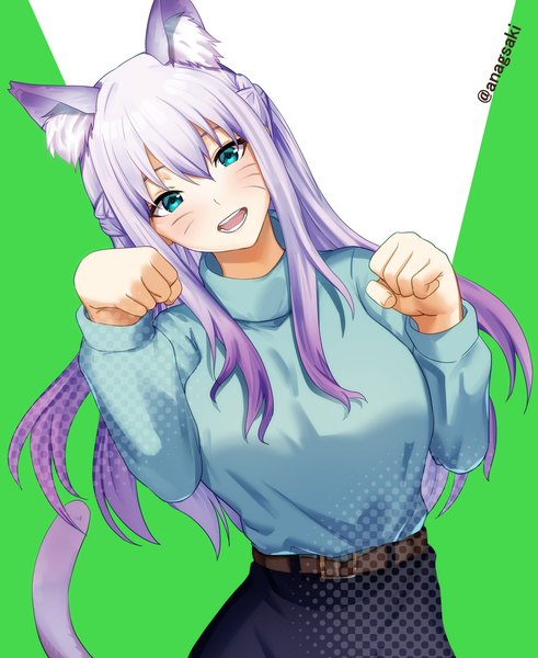 Anime picture 1050x1283 with pon no michi hayashi riche aona (kuuga19yuu) single long hair tall image looking at viewer fringe open mouth hair between eyes signed animal ears silver hair tail head tilt :d animal tail aqua eyes cat ears cat girl
