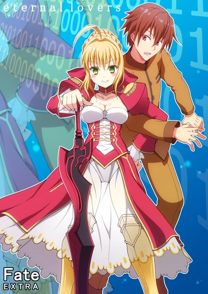 Anime picture 1190x1684 with fate (series) fate/stay night fate/extra studio deen type-moon nero claudius (fate) (all) nero claudius (fate) tall image short hair blonde hair smile brown hair green eyes ahoge underbust girl dress boy weapon sword