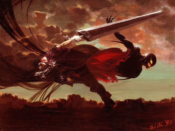 Anime picture 1024x768 with berserk guts griffith boy armor cloak huge weapon huge sword