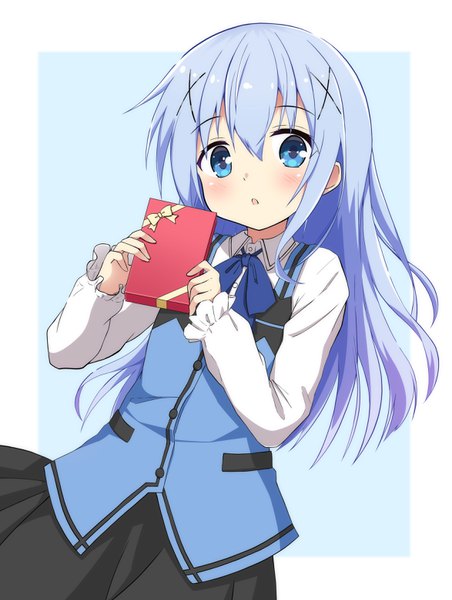 Anime picture 2345x3108 with gochuumon wa usagi desu ka? white fox kafuu chino kimura matsuri single long hair tall image looking at viewer fringe highres blue eyes simple background hair between eyes white background holding payot blue hair long sleeves parted lips :o