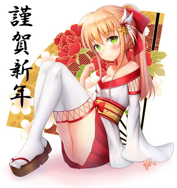 Anime picture 942x1000 with original kirimoti34 single long hair tall image looking at viewer blush fringe breasts light erotic simple background blonde hair hair between eyes white background sitting bare shoulders green eyes cleavage ahoge bent knee (knees)