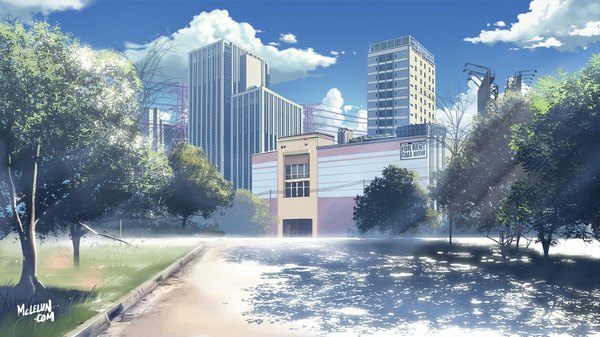 Anime picture 1024x576 with original mclelun wide image signed sky cloud (clouds) shadow city no people landscape plant (plants) tree (trees) building (buildings)