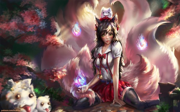Anime picture 1200x748 with league of legends ahri (league of legends) poro (league of legends) indiron long hair looking at viewer fringe brown hair wide image sitting animal ears yellow eyes tail parted lips animal tail pleated skirt lips arm support short sleeves alternate costume