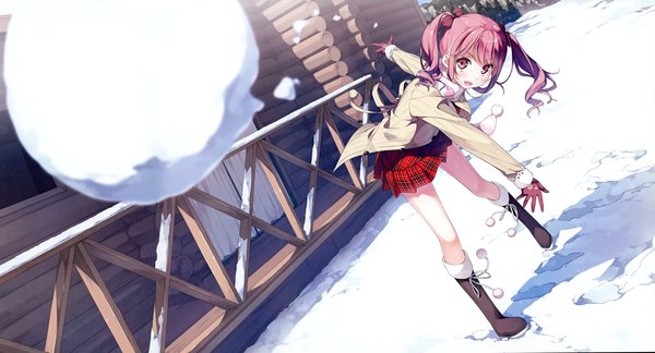 Anime picture 4593x2487 with original kurumi (kantoku) kantoku single long hair looking at viewer blush highres open mouth wide image twintails pink hair absurdres pink eyes scan official art winter snow girl skirt