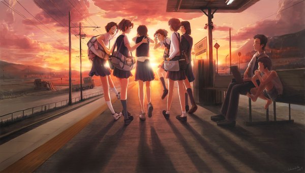 Anime picture 2000x1138 with shiika sadamasa highres wide image evening sunset group scenic laughing serafuku camera laptop