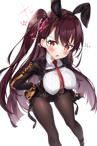 Anime picture 900x1350 with girls frontline wa2000 (girls frontline) narae single long hair tall image looking at viewer blush fringe breasts open mouth light erotic simple background red eyes large breasts standing white background signed animal ears braid (braids)