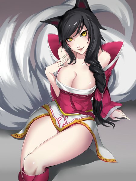 Anime picture 1200x1600 with league of legends ahri (league of legends) kumiko shiba single long hair tall image blush breasts light erotic black hair smile sitting bare shoulders yellow eyes cleavage tail braid (braids) from above light smile legs