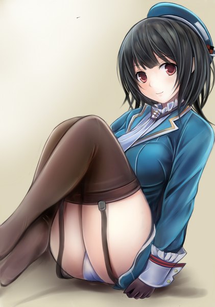 Anime picture 702x1000 with kantai collection takao heavy cruiser nannacy7 single tall image looking at viewer short hair light erotic black hair simple background smile red eyes bent knee (knees) light smile pantyshot no shoes crossed legs pantyshot sitting girl thighhighs