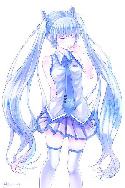Anime picture 800x1200 with vocaloid hatsune miku yuki miku yuki miku (2010) feihong single tall image simple background white background twintails bare shoulders blue hair eyes closed very long hair snowflake print girl thighhighs skirt hair ornament white thighhighs