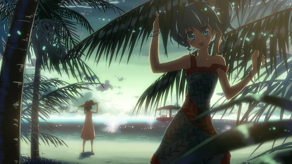 Anime picture 1920x1080 with dj max yuuki tatsuya blush highres short hair blue eyes wide image twintails multiple girls blue hair sky cloud (clouds) shadow beach short twintails girl dress 2 girls plant (plants) hat